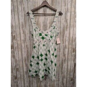 Free People Y2K Babydoll Dress Size 10 Linen Cotton Mini Plunge Neck Retro Green